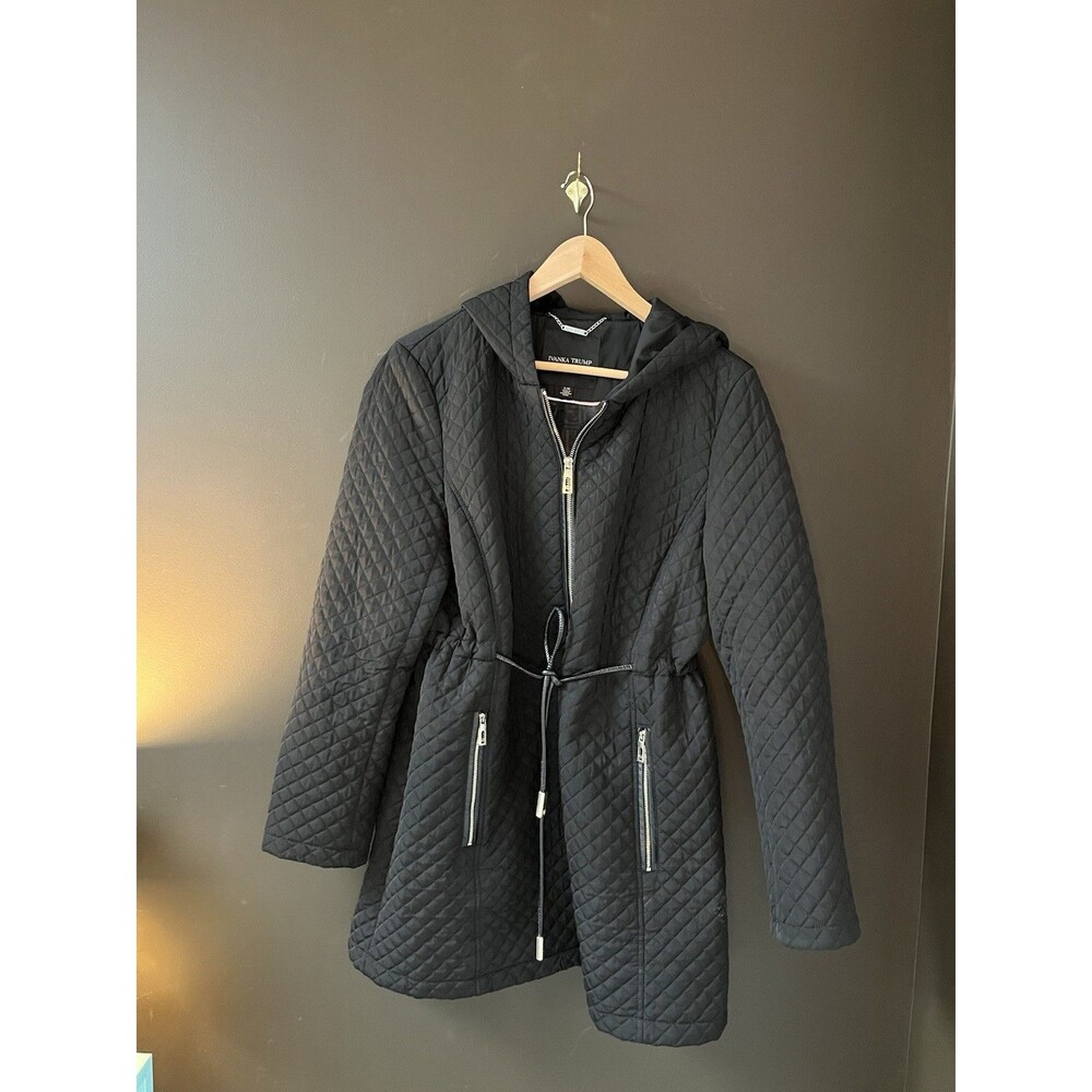 Ivanka Trump Womens L Black Quilted Hooded Coat Jacket Drawstring Waist
